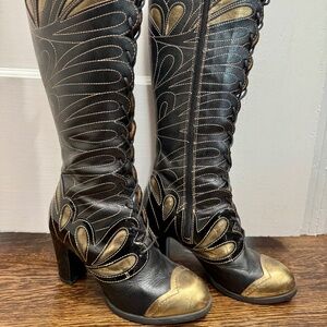Nearly New - Attic Elita Black & Gold Lace Up Boot